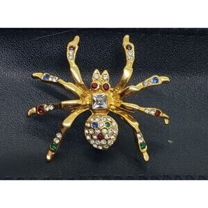 Vintage Spider Brooch Large 8k Gold Plated Rhinestone Insect Retro